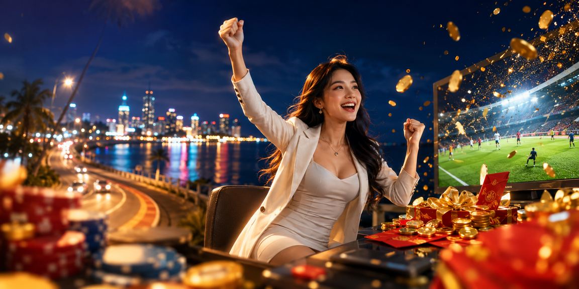 Bờ biển Mũi Né với phong bao đỏ tượng trưng cho thưởng và ưu đãi nạp tiền