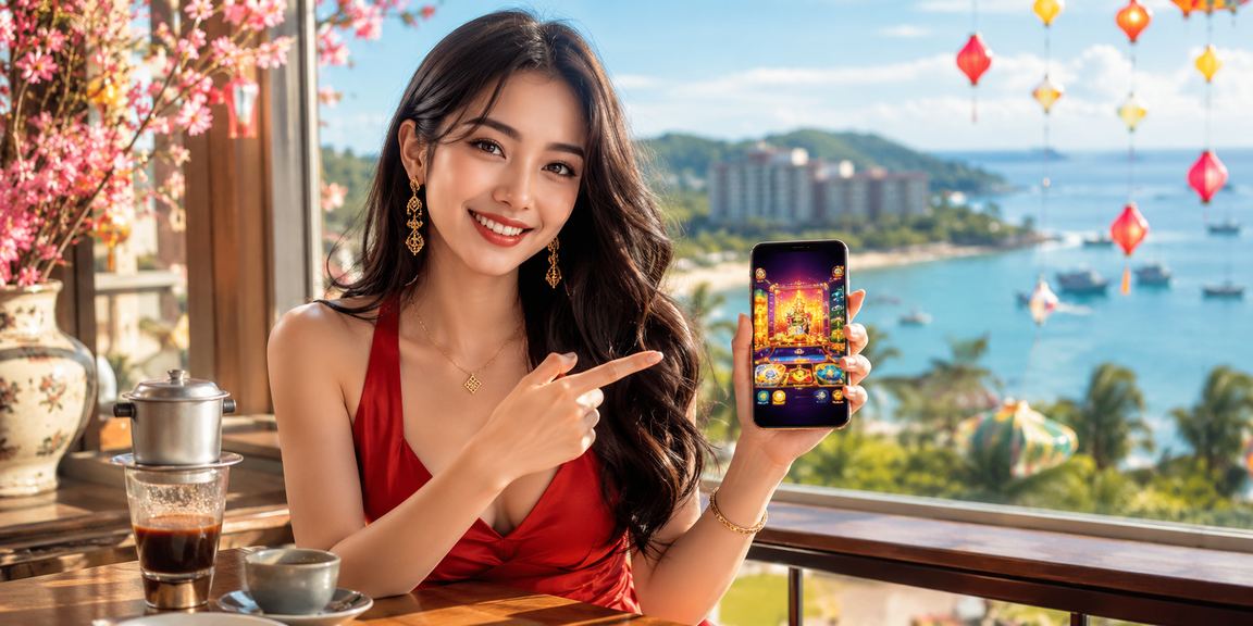Người dùng Phú Quốc thư giãn bên ly cà phê và thiết bị di động trong không khí biển yên tĩnh