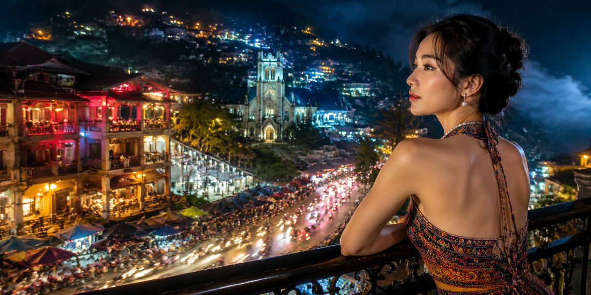 Người dùng truy cập cá cược trực tuyến qua điện thoại tại Sapa với ánh đèn neon